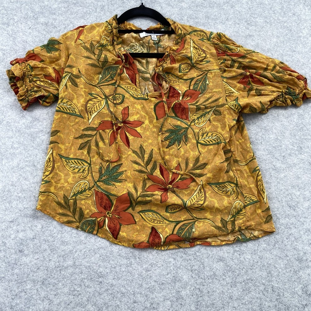 Rose + Olive Blouse Womens M Yellow Floral V Neck Short Puff Sleeve Tunic Top